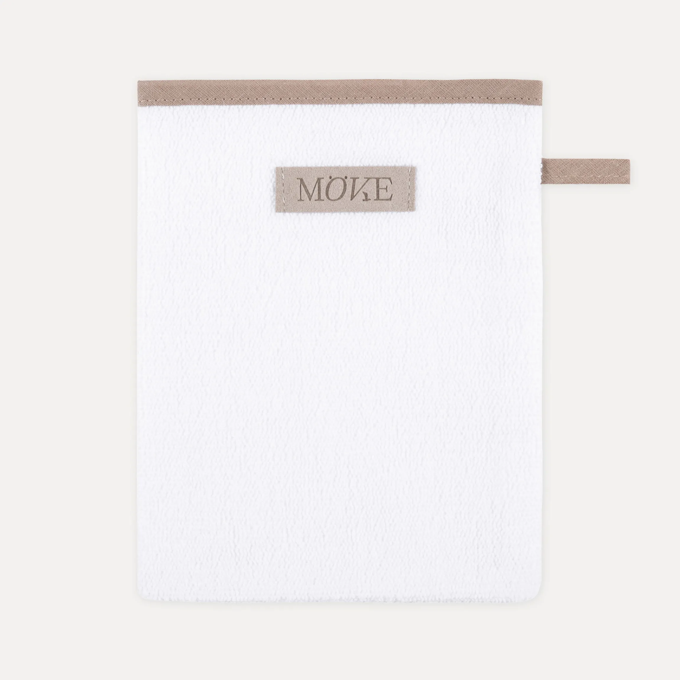 Sauna Waschhandschuh 20X15 cm(blanc m. braunen Schrägb.+Prägetik.)